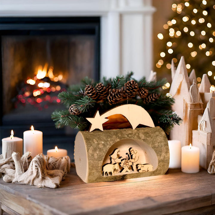 Kaltner Präsente Geschenkidee - Weihnachten Krippe aus Holz mit Jesus, Maria und Kind in einem Baums