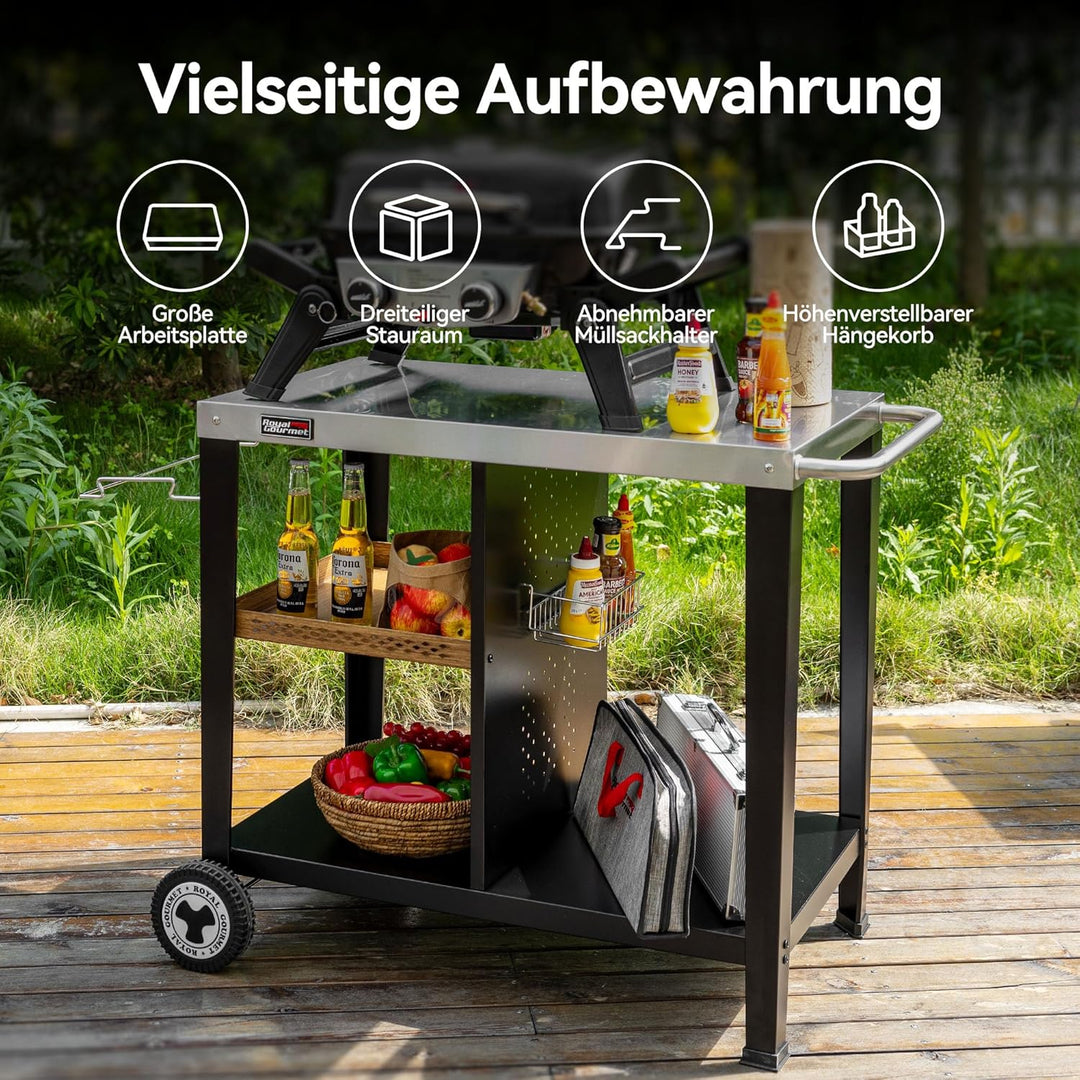 Royal Gourmet Grilltisch mit 85x50 cm Edelstahlplatte 3-Etage Grillwagen für Tischgrill und Pizzaöfe