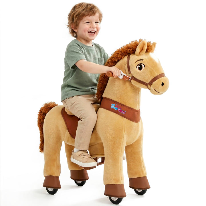 PonyCycle® Schaukelpferd auf Rollen | für Kinder 3–4 Jahre, 76cm | Hellbraunes Plüsch Reitpferd mit