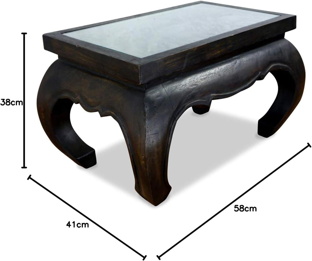 livasia Opiumtisch Glasplatte, Beistelltisch, Couchtisch aus Massivholz mit Elefantenschnitzerei (sc