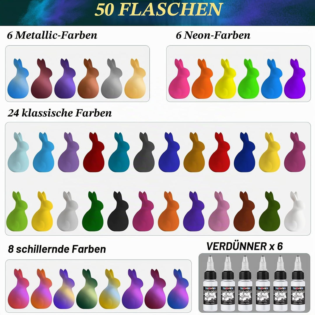 FansArriche Airbrush Farbe, 44 Farben+6 Verdünner, Acryl-Luftpinsel-Set, blickdichte und neon Farben