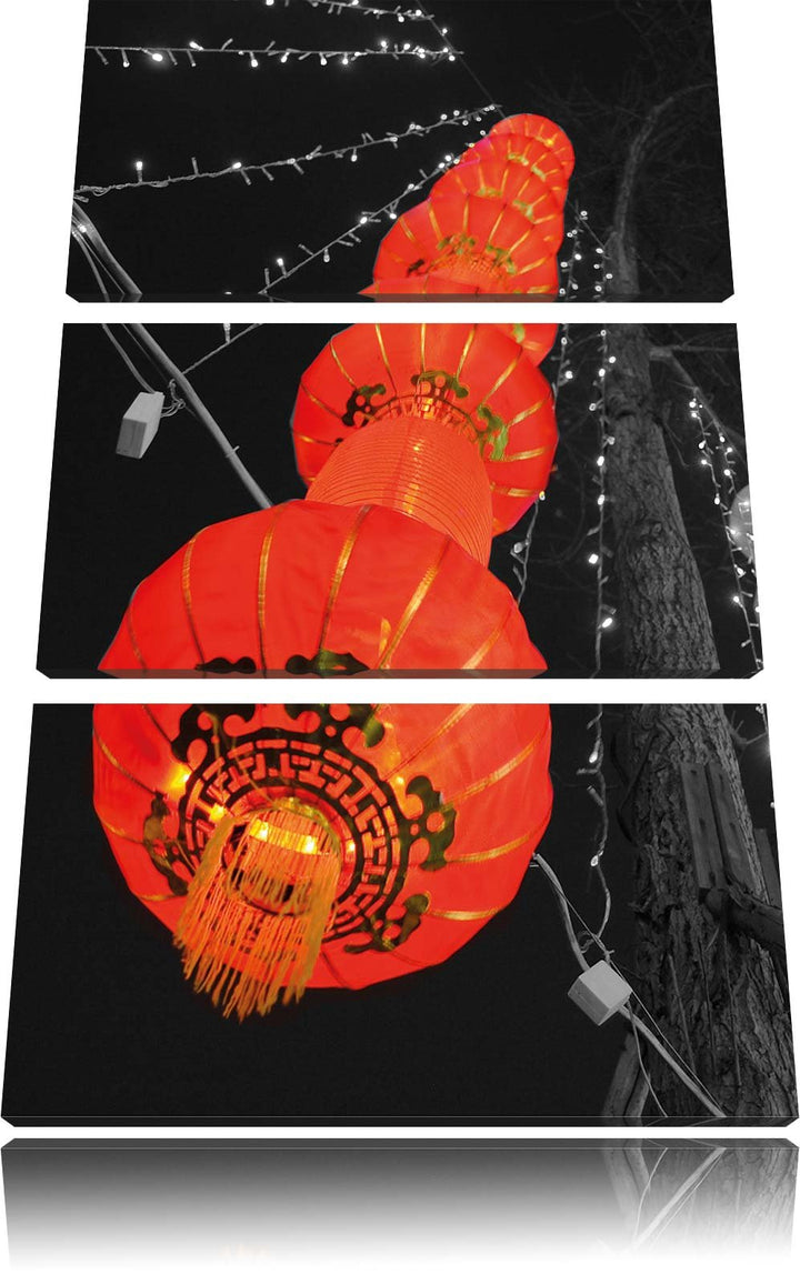 Pixxprint Klassische chinesische Lampions schwarz/weiss 3-Teiler Leinwandbild 120x80 Bild auf Leinwa