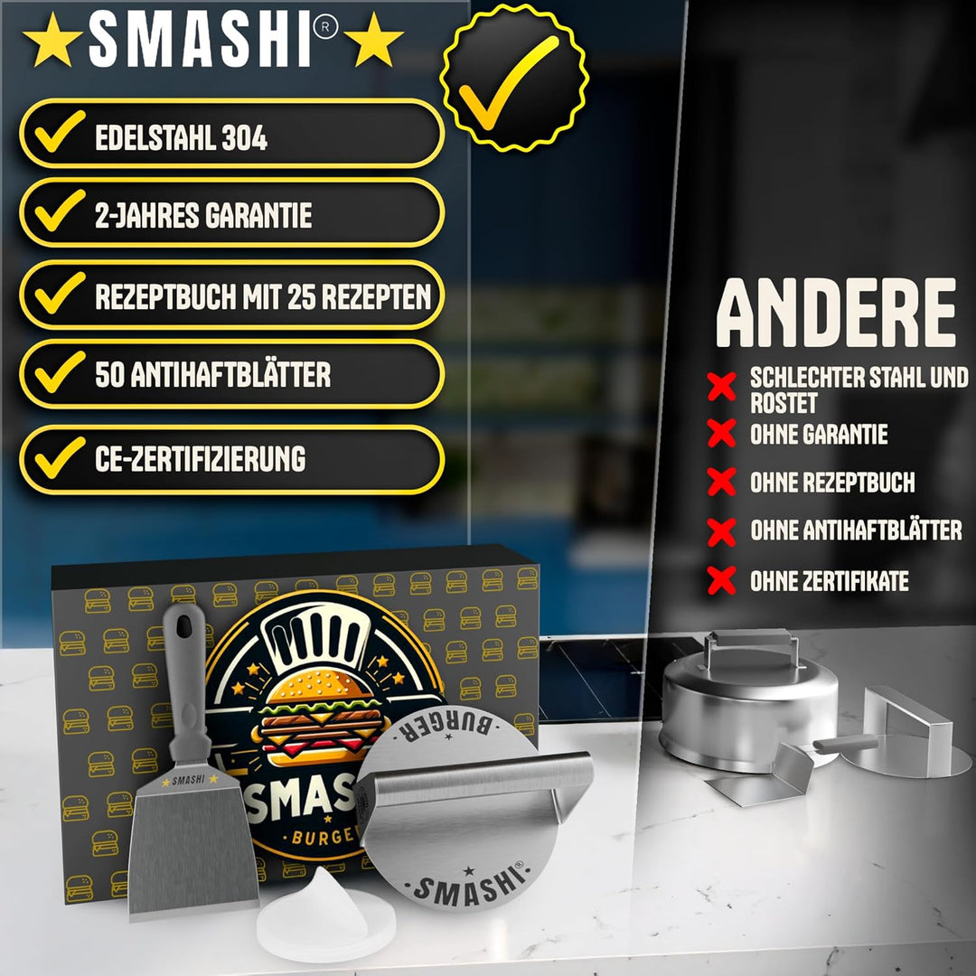 SMASHI® Smash Burger Set aus Edelstahl 304 – Professionelles Set mit Antihaft-Presse, Grillspachtel