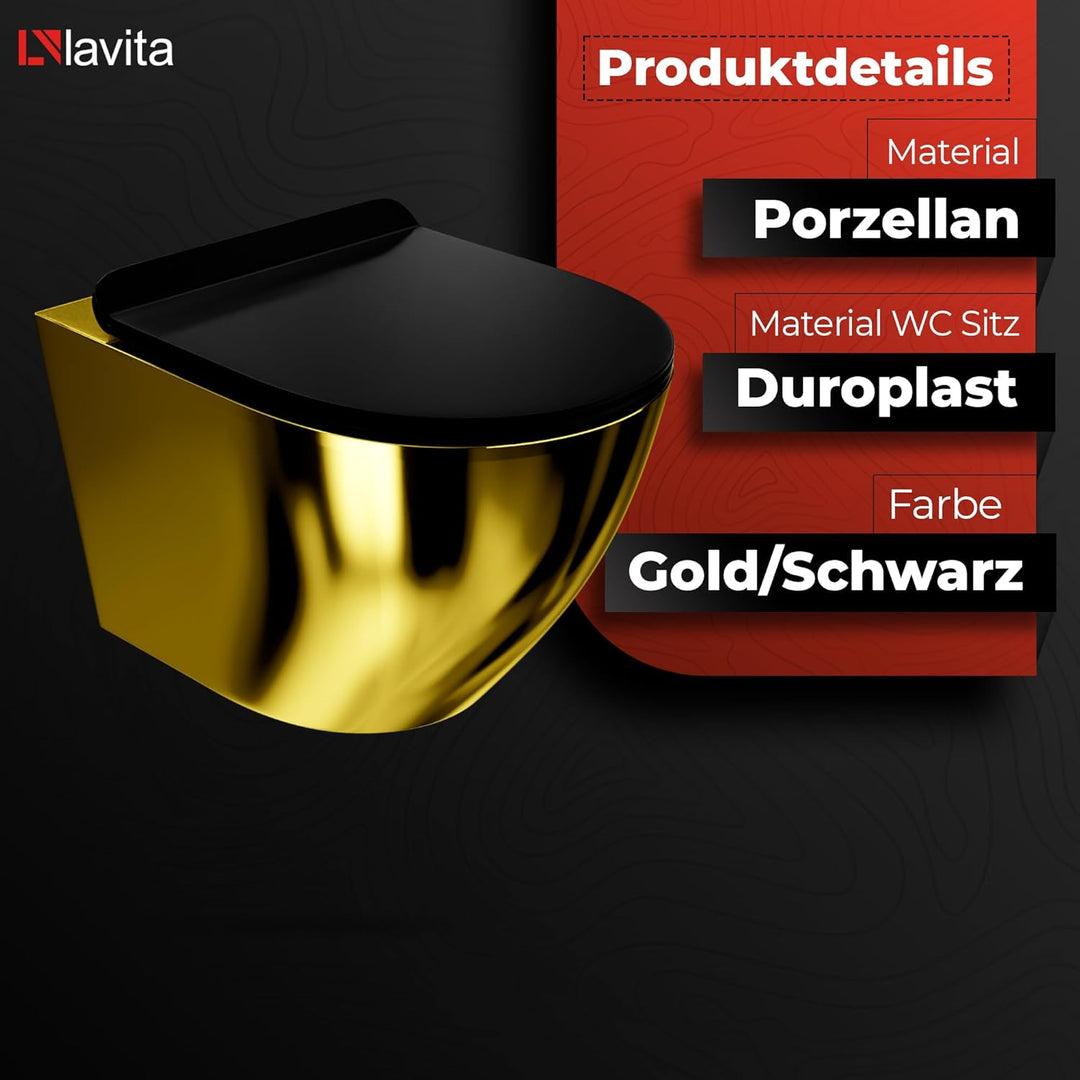 LAVITA Wand-WC Sofi Slim Gold/Black Hänge Toilette WC Sitz Colordeckel mit Absenkautomatik &amp; Metalls