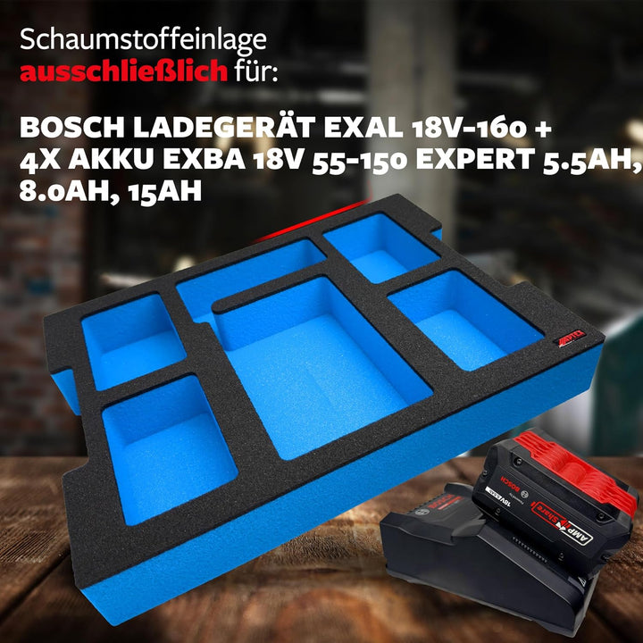 APTEX Schaumeinlage passend für Bosch Ladegerät 18V-160 + 4x Akkus Expert 5.5-15Ah für Bosch L-Boxx
