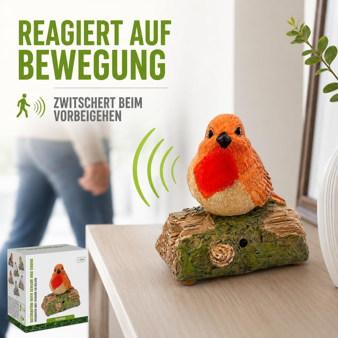 MIJOMA Dekovogel mit Vogelgezwitscher & Bewegungsmelder – Zwitschernder Vogel auf AST, Handbemalt, 1