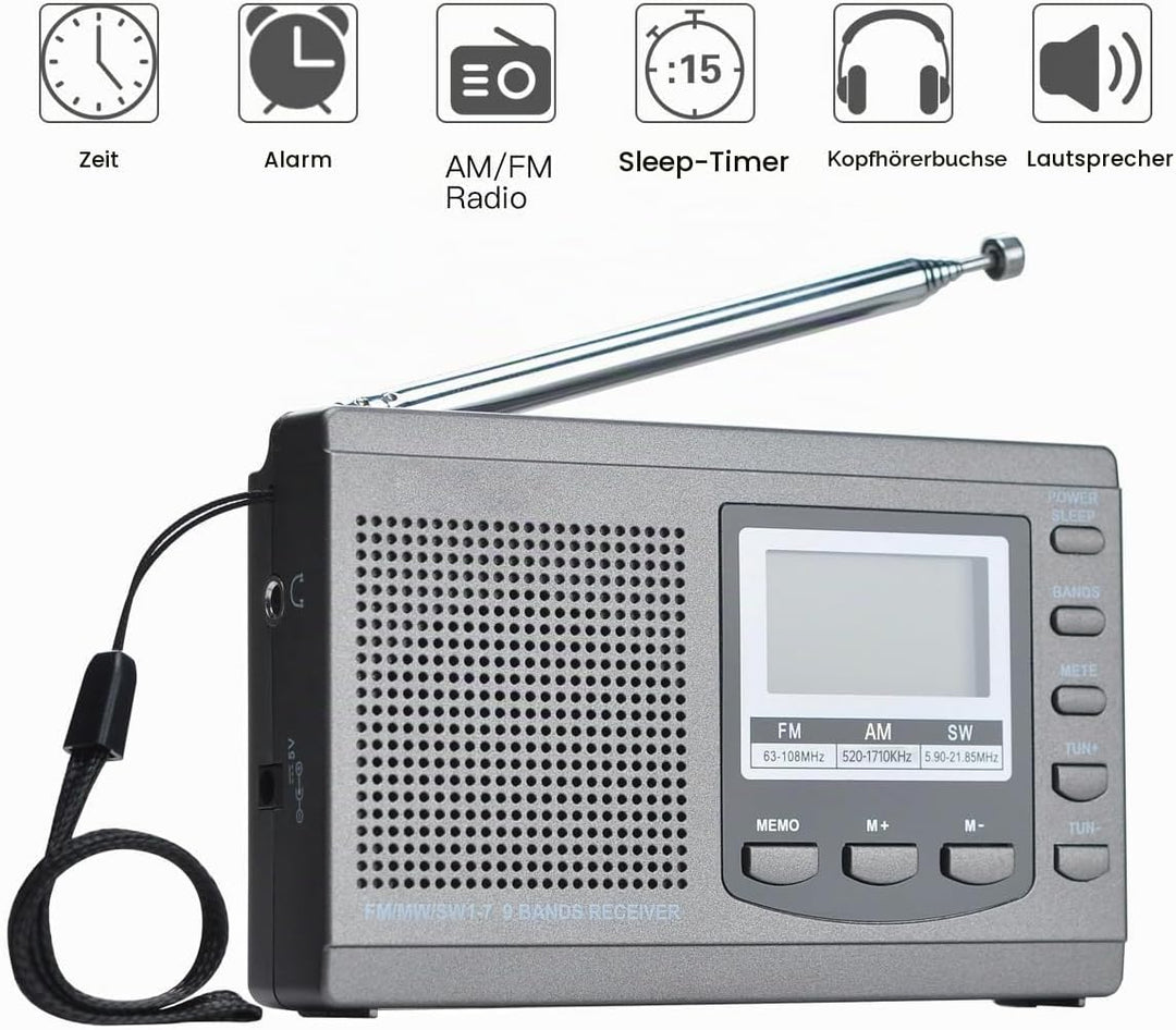 COVVY AM/FM / SW1-7 Tragbarer 9-Band-Radioempfänger mit Lautsprechern und Kopfhörern, ausgezeichnete