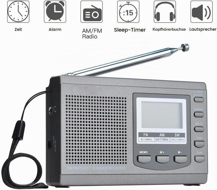 COVVY AM/FM / SW1-7 Tragbarer 9-Band-Radioempfänger mit Lautsprechern und Kopfhörern, ausgezeichnete