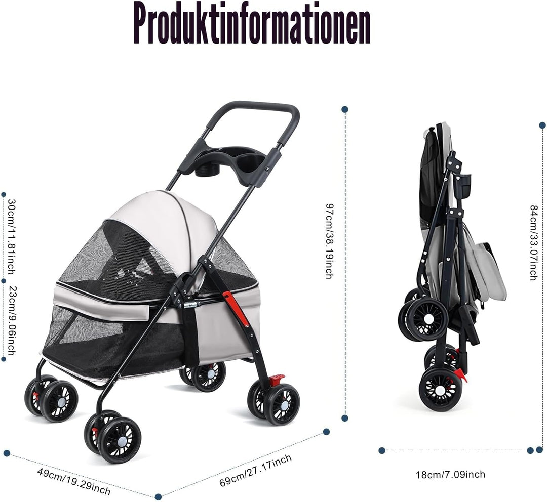 Haustier-Kinderwagen für kleine Hunde und Katzen, zusammenklappbare Hundetrage mit 360° drehbaren Vo