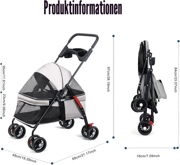 Haustier-Kinderwagen für kleine Hunde und Katzen, zusammenklappbare Hundetrage mit 360° drehbaren Vo