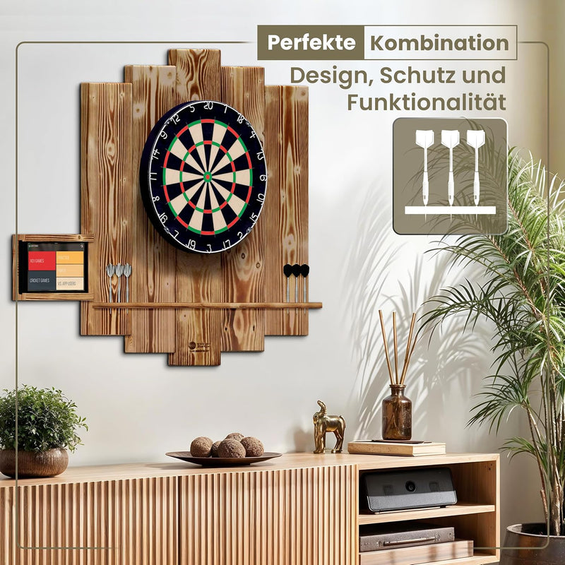 Wooden Dartboard Surround | Premium Dart-Wandschutz & Tablet-Halter (Optional) | Geflammter Burned L