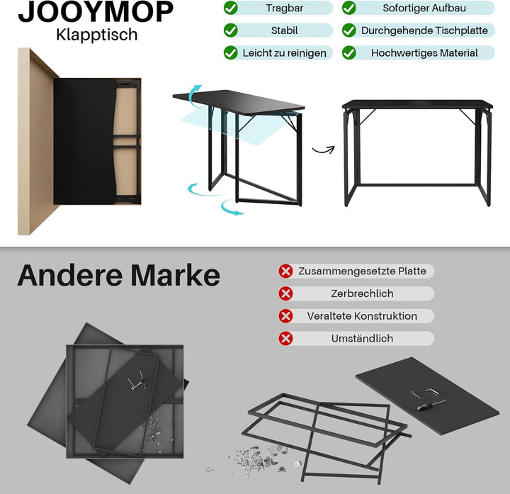 JOYMOOP Klapptisch, Schwarz, 120 cm, Keine Montage, Kleiner Faltbarer Schreibtisch für Zuhause, Büro