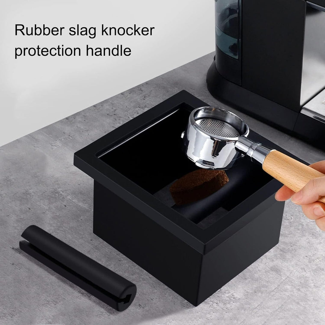 Kaffeesatz-Ausklopfbox, quadratisch, bodenlos, schwarze Gummi-PTFE-Stahlbox mit Kaffee-Tamping-Stati