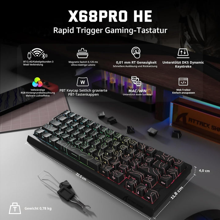 ATTACK SHARK 3-in-1 Kabellose X68PRO HE-Tastatur&X11-Gaming-Maus&Spiral-C01PRO-Kombination,BT/2,4G/W