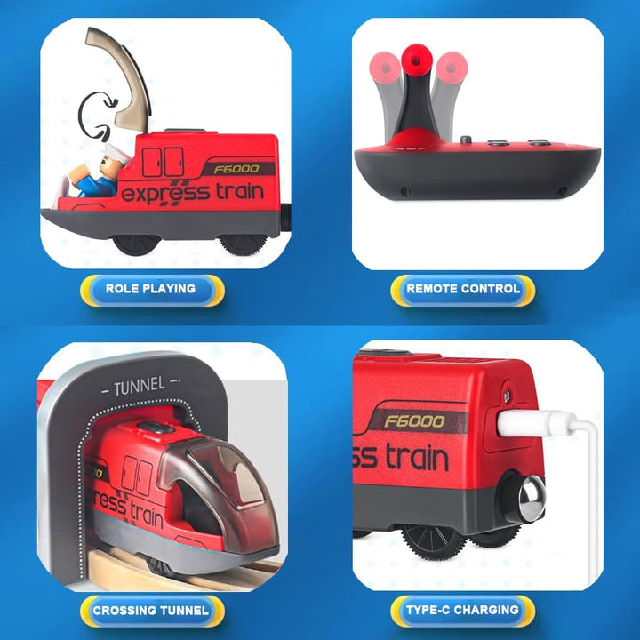 TOPLIVING Motorisierter Holzschienenzug, Ferngesteuerter Zug mit Magnetverbindung, Batteriebetrieben