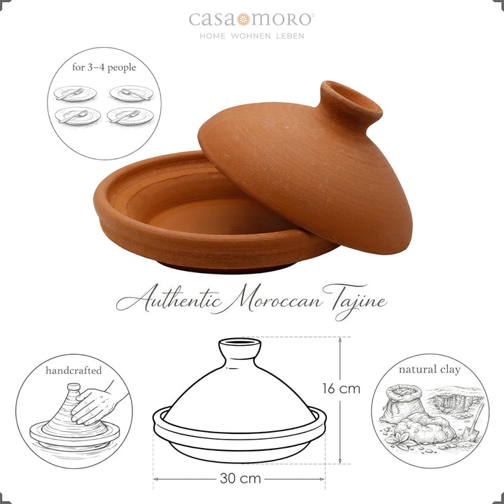 Marokkanische Tajine, Schmortopf aus Ton Ø 30cm Kochen für 3-4 Personen | Tagine unglasierter Gartop