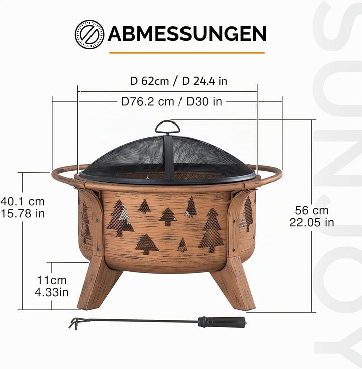 SUNJOY Feuerschalen für den Garten, Ø76 cm Runder Feuerkorb aus Stahl, Funkenschutz & Schürhaken, Ou
