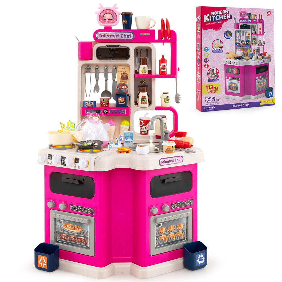 COSTWAY Kinderküche mit 113 Zubehör, Eck-Spielküche mit Licht, Sound & Dampf, Kinder Küche mit Kochh