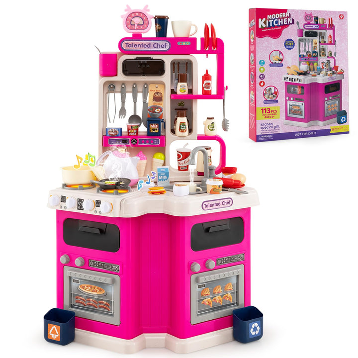 COSTWAY Kinderküche mit 113 Zubehör, Eck-Spielküche mit Licht, Sound & Dampf, Kinder Küche mit Kochh