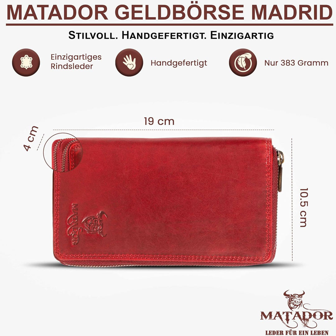MATADOR Lange Damenbörse Geldbörse Portemonnaie Rinds Leder Scheintasche Geldtasche mit Doppelter Re