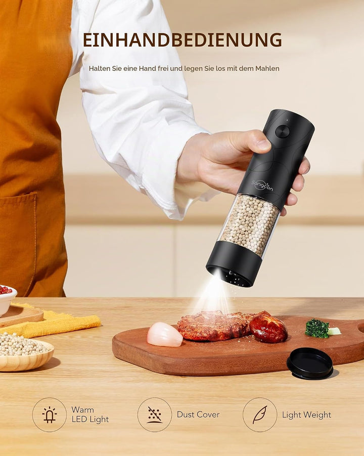 Sangcon Salz und PfeffermüHle 2er Set, üBer USB Wiederaufladbar, Mit Led-Licht, GrossE KapazitäT Pfe