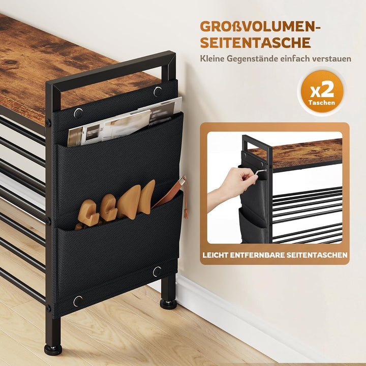 Schuhbank mit sitzfläche 3 Ebenen für 9-12 Paar, Schuhregal schmal mit Seitentaschen, Metall-Holz Sc