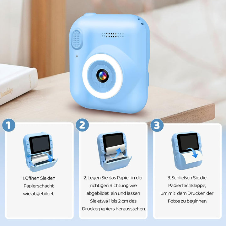Kinderkamera Sofortbildkamera, 1080P Sofortbildkamera Kinder mit 32GB Karte & 3 Rollen Druckpapier,