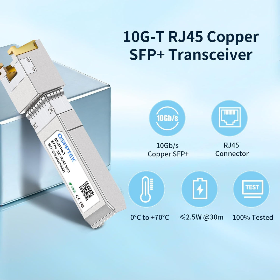 QSFPTEK Newest 10GBASE-T SFP+ RJ45 Transceiver up to 30m, 10G SFP+ to RJ45 Copper Mini-GBIC Modul wi