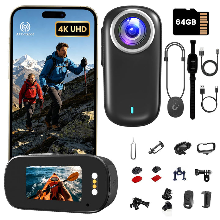 Bodycam 4K, Mini Action Cam Wasserdicht WiFi Bodycam Körperkamera Mini mit 64GB Karte Body Camera, P