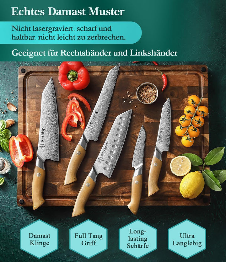 HEZHEN Messerset Profi Damast Küchenmesserset,Damaststahl Kochmesser Set Santoku Messer, Ergonomisch