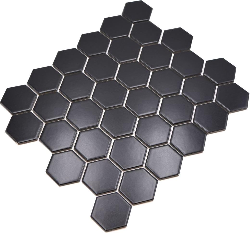 Mosaik Hexagon uni schwarz matt Keramik, Mosaikstein Format: 51x59x5 mm, Bogengrösse: 325x281 mm, 10