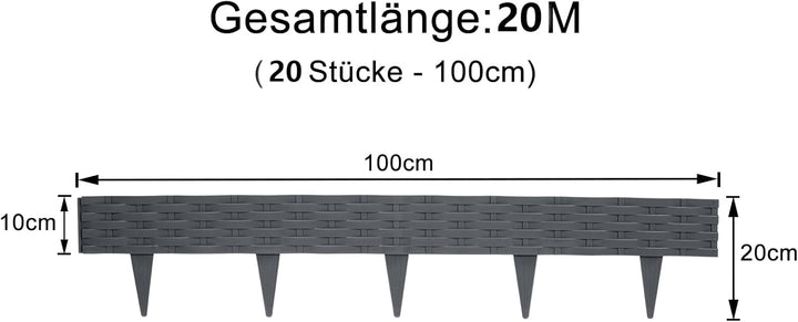 Aufun 20m Rattan Rasenkante Beeteinfassung Kunststoff mit 20 Elemente á 100 cm, Rattan-Optik Design