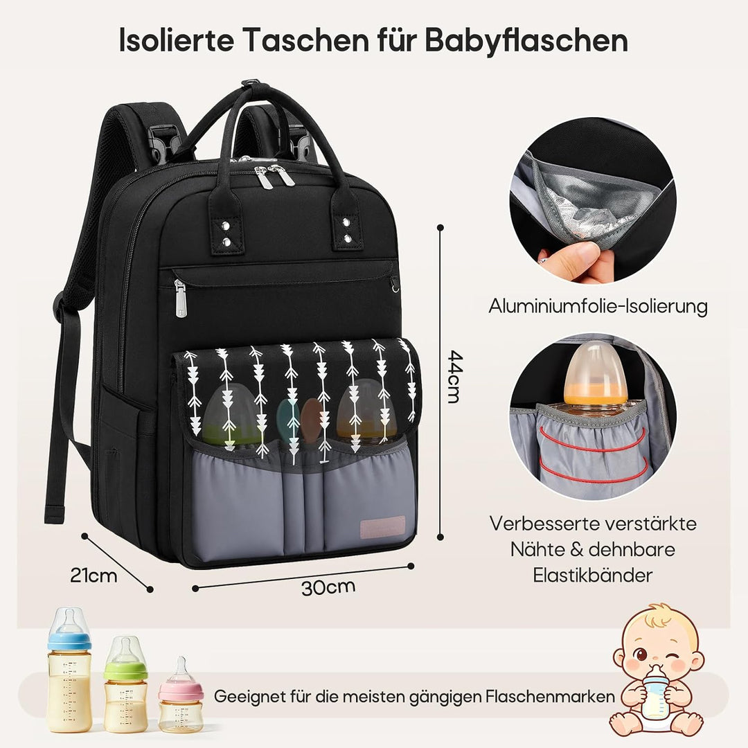 RAINSMORE Wickelrucksack Gross Baby Wickeltasche mit Wickelunterlage Schwarz | Wasserdichte Wickelta