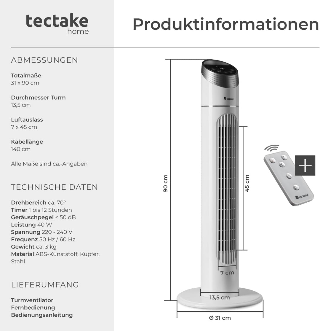tectake 403922 Turmventilator mit Fernbedienung, 70 Grad Oszillation, 90 cm Höhe, leise, Säulenventi