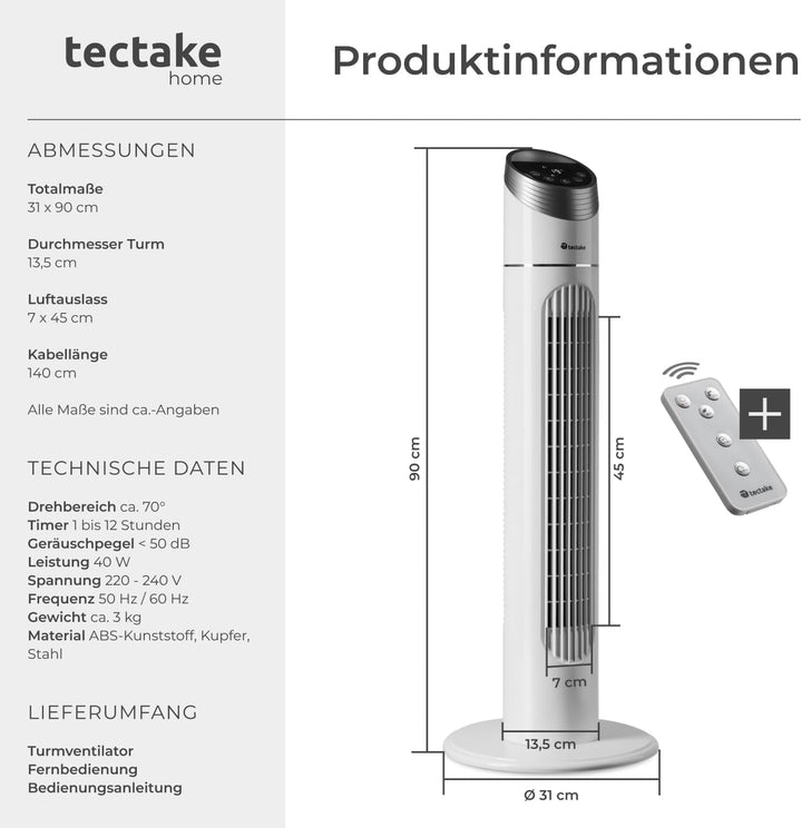 tectake 403922 Turmventilator mit Fernbedienung, 70 Grad Oszillation, 90 cm Höhe, leise, Säulenventi