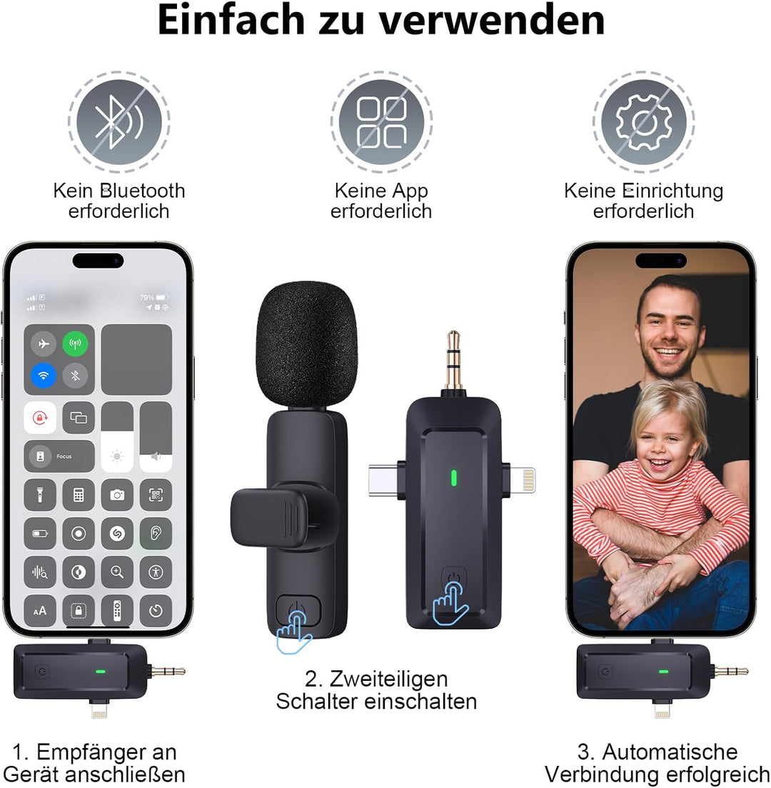 Wireless Lavalier Mikrofon für iPhone/Handy/Kamera/Computer - 4 in 1 Ansteckmikrofon Kabellos mit Po