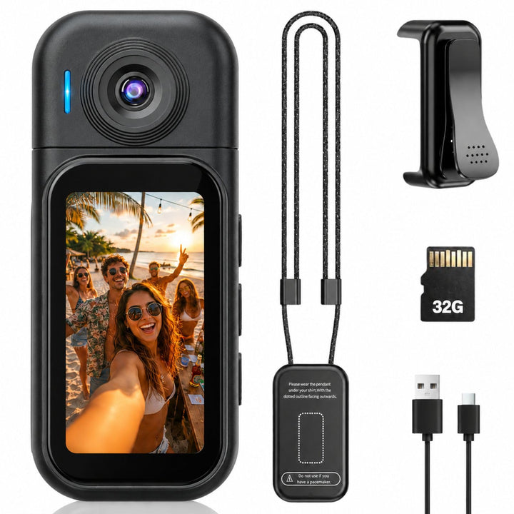 1080P Body Mounted Camera for Sports with 32GB Memory Card, 1080P Action Camera with Clip and Pendan