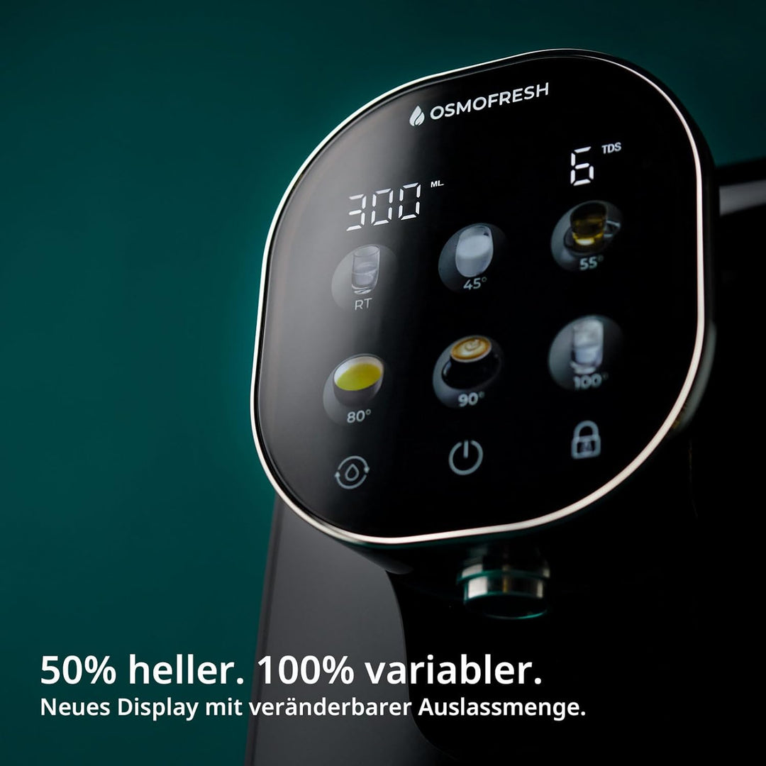 OsmoFresh Auftisch Osmoseanlage Quella Pro Black | mit Heisswasserspender | 6 Temperaturstufen | 7-F