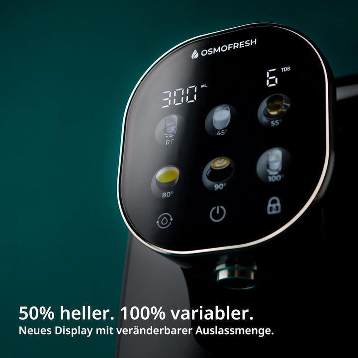 OsmoFresh Auftisch Osmoseanlage Quella Pro Black | mit Heisswasserspender | 6 Temperaturstufen | 7-F