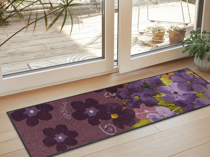 Salonloewe Fussmatte Maggio Viola 35x120 cm Läufer mit Blumenmotiv Flur-Teppich waschbar Schmutzfang