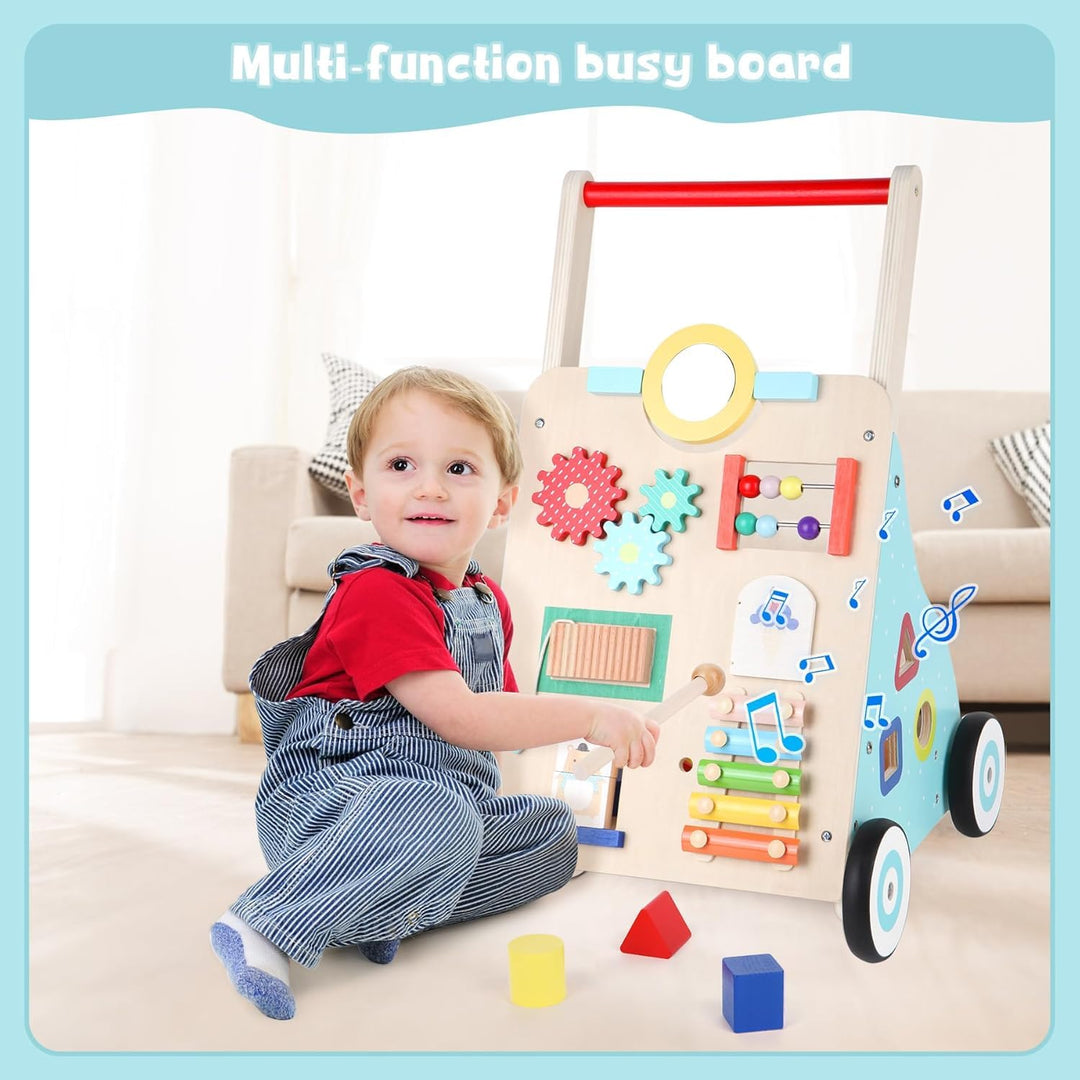 Asweets Lauflernwagen Baby, Montessori Holzspielzeug Baby Walker mit Spiegel und Activity Center, Mu