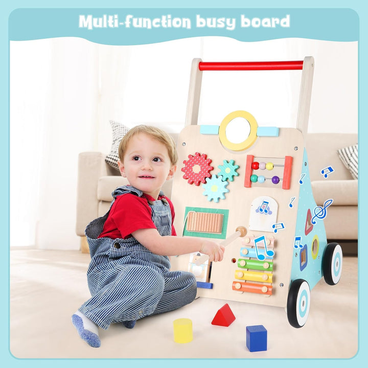 Asweets Lauflernwagen Baby, Montessori Holzspielzeug Baby Walker mit Spiegel und Activity Center, Mu