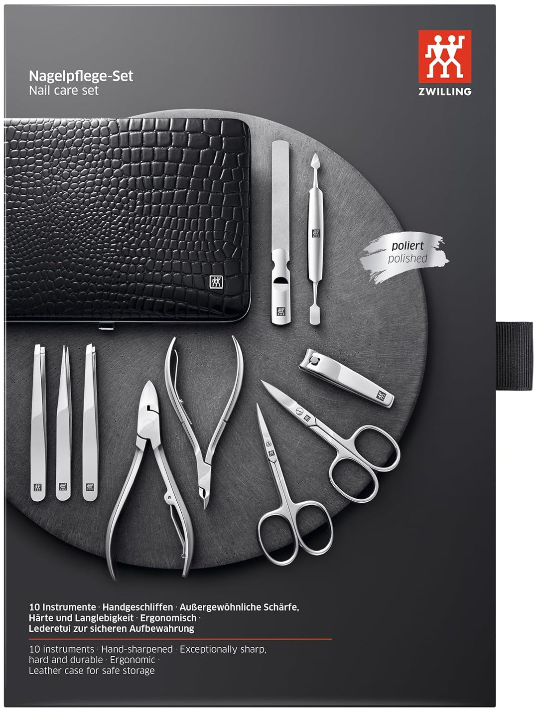 ZWILLING Maniküre Set Pediküre Kit, Nagelpflege Komplettset, Rindleder, Kroko Edition, 10-teilig, Sc