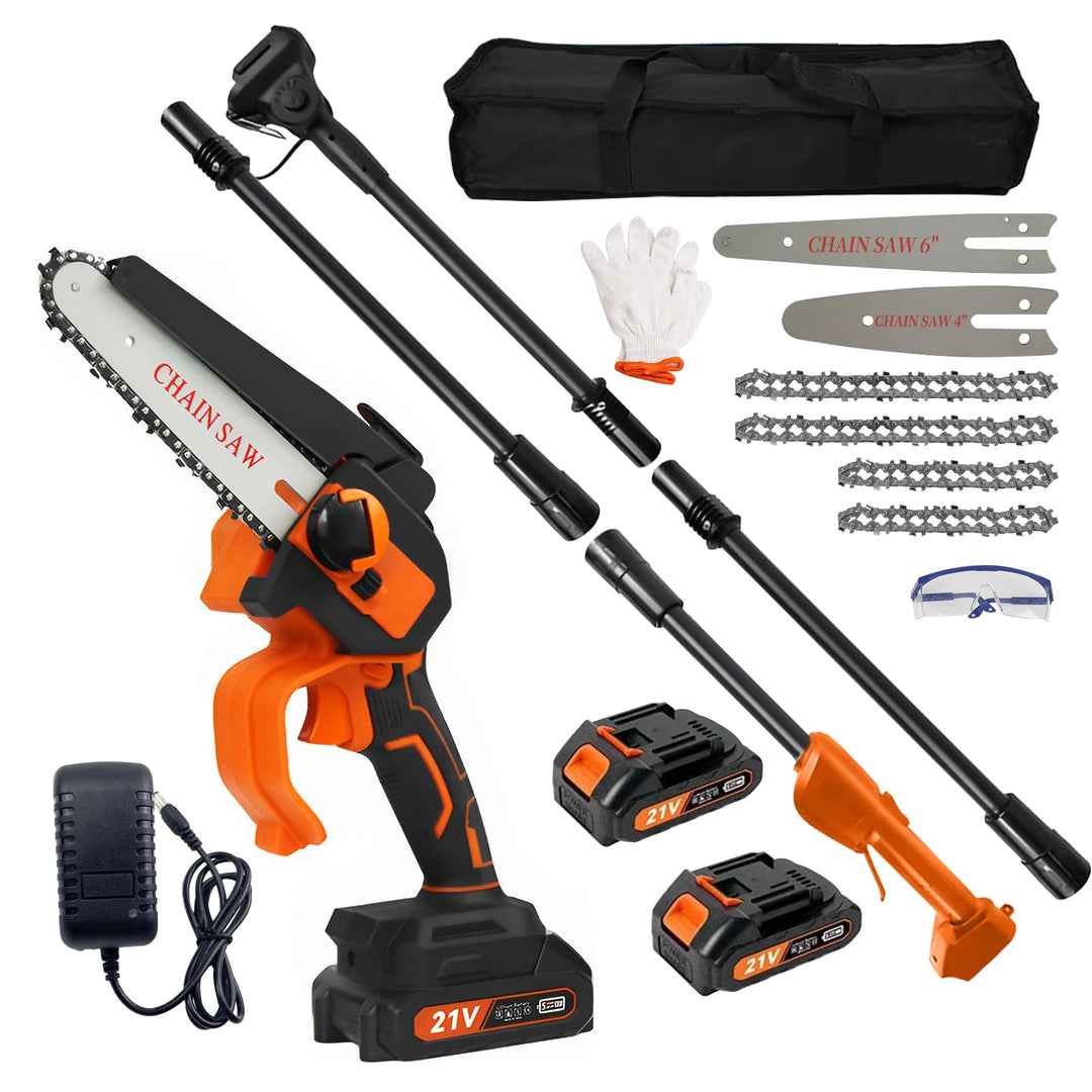 2-in-1 Akku-Pole Säge, hohe Zweigsäge Handkettensäge mit 4&6 Zoll Ketten 2pcs wiederaufladbare 21V B
