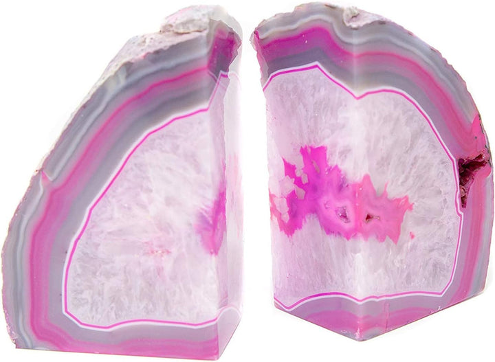 JIC Gem Dekorative Kristall-Buchstützen, poliert, gefärbt, rosa, Geode, brasilianischer Achat, Buchs