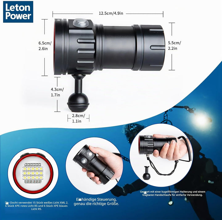 LetonPower B15 Tauchen Taschenlampe, 8000 Lumens Super Bright Underwater 80m Video Light, Scuba Dive