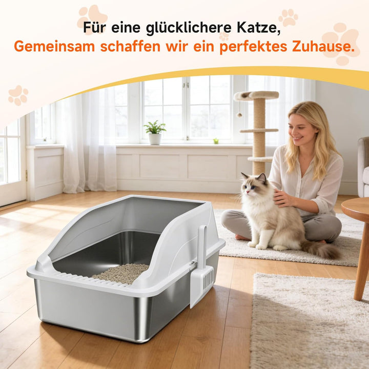 Edelstahl Katzentoilette XL, Schrägwand, Kratzfest, geruchsfrei | Porenfrei, leicht reinigbar. Schrä