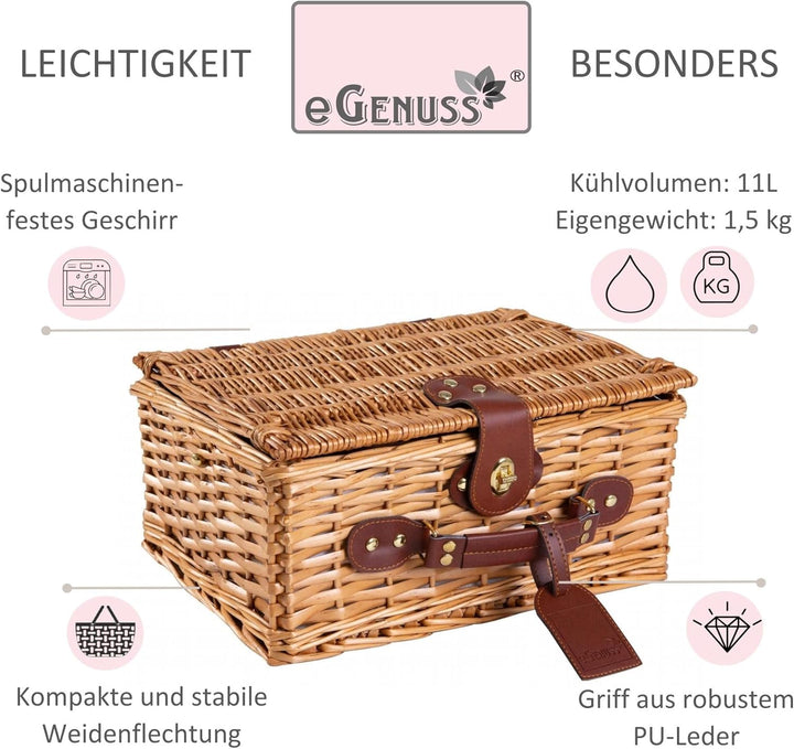 eGenuss Handgefertigtes Picknickkorb für 2 Personen – Kühlfach, Multifunktionsmesser, Edelstahlbeste