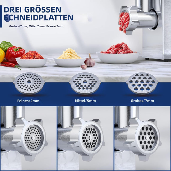 CHEFFANO 2800W[Max] Elektrischer Fleischwolf, 4-in-1 Multifunktions Fleischzerkleinerer mit 3 Edelst