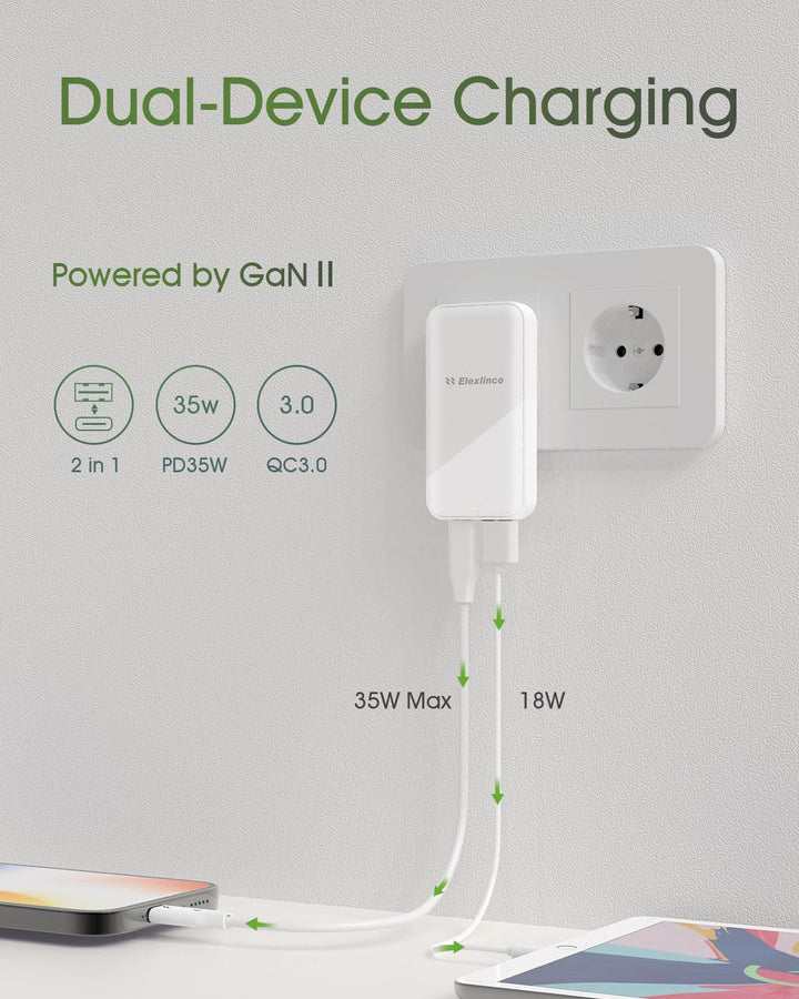 USB C Ladegerät 35W, Elexlinco 2-Port Schnell Kompakt Netzteil, PD 3.0 USB C Power Adapter Ladesteck